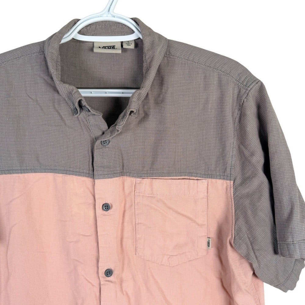 Vans Button Up Shirt Mens L Pink Grey Colorblock Short Sleeve Textured